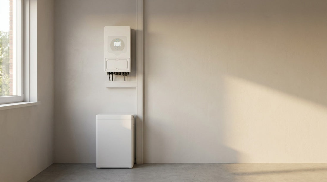 Deye hybride omvormer aan de wand met een laagspannings-thuisbatterij ernaast in een Nederlandse bijkeuken