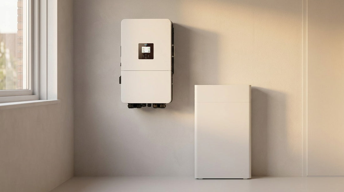 Deye 3-fase hybride omvormer aan de wand met een compacte thuisbatterijmodule in een Nederlandse bijkeuken