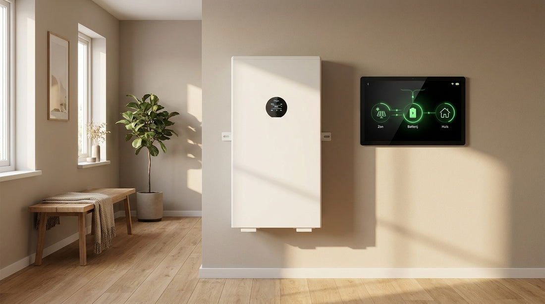Thuisbatterij met EMS energiemanagement dashboard aan de muur in een Nederlandse woning