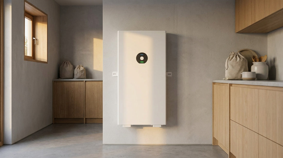 Witte thuisbatterij die laadt in een moderne Nederlandse bijkeuken