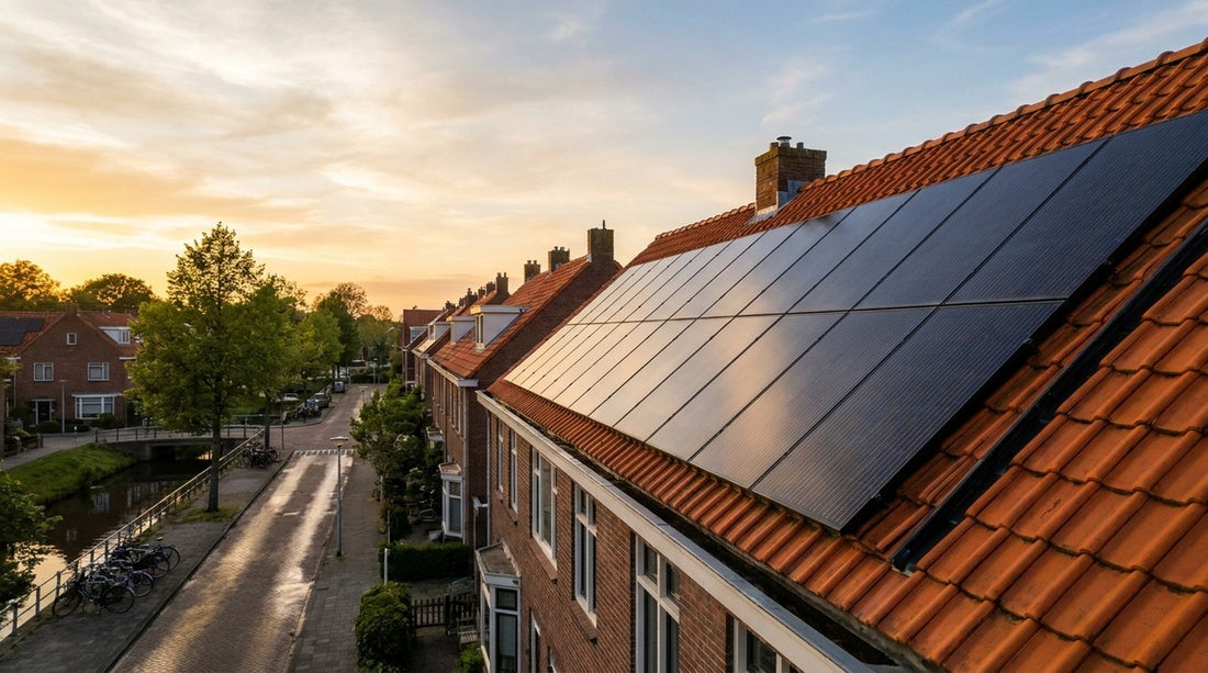 Strak veld all-black zonnepanelen op een Nederlands pannendak in de avondzon