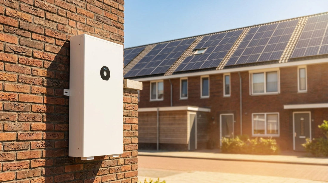 Thuisbatterij aan een gevel in de felle middagzon bij een Nederlandse woonwijk met zonnepanelen