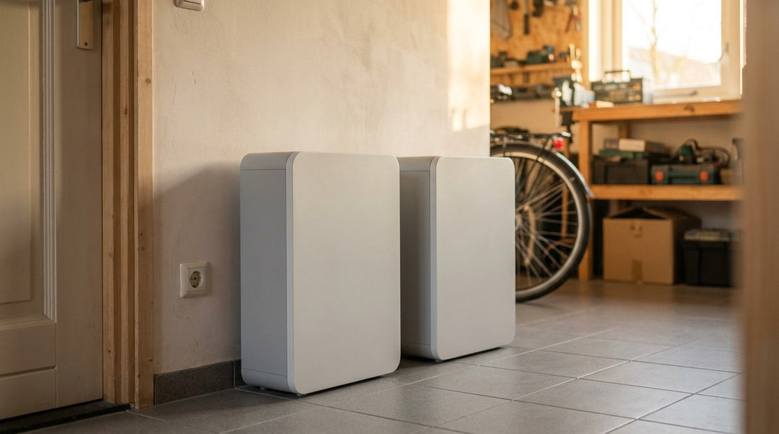 Twee plug-in thuisbatterijen naast elkaar in een Nederlandse garage, keuze tussen Marstek Venus E Max, 4.0 en 3.0