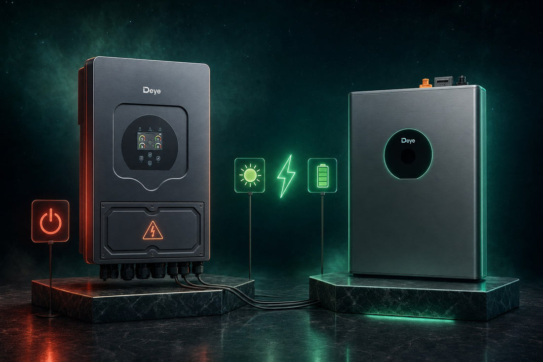Deye hybride omvormer met waarschuwing voor overspanning naast een Deye thuisbatterij die de opgewekte zonnestroom opslaat