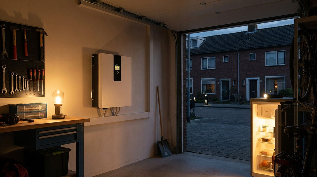 Deye all-in-one thuisbatterij aan de garagewand houdt licht en koelkast aan tijdens een stroomuitval in de straat