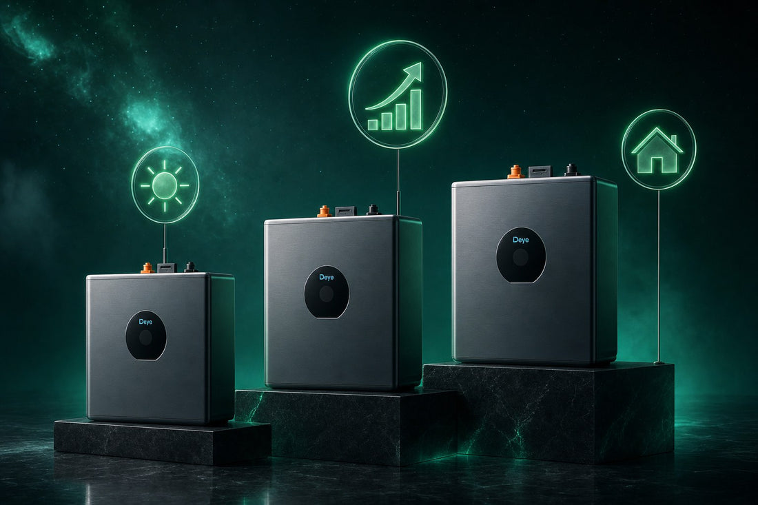 Drie Deye thuisbatterijen met een opgaande grafiek die de sterke groei van de thuisbatterijmarkt in 2026 weergeeft