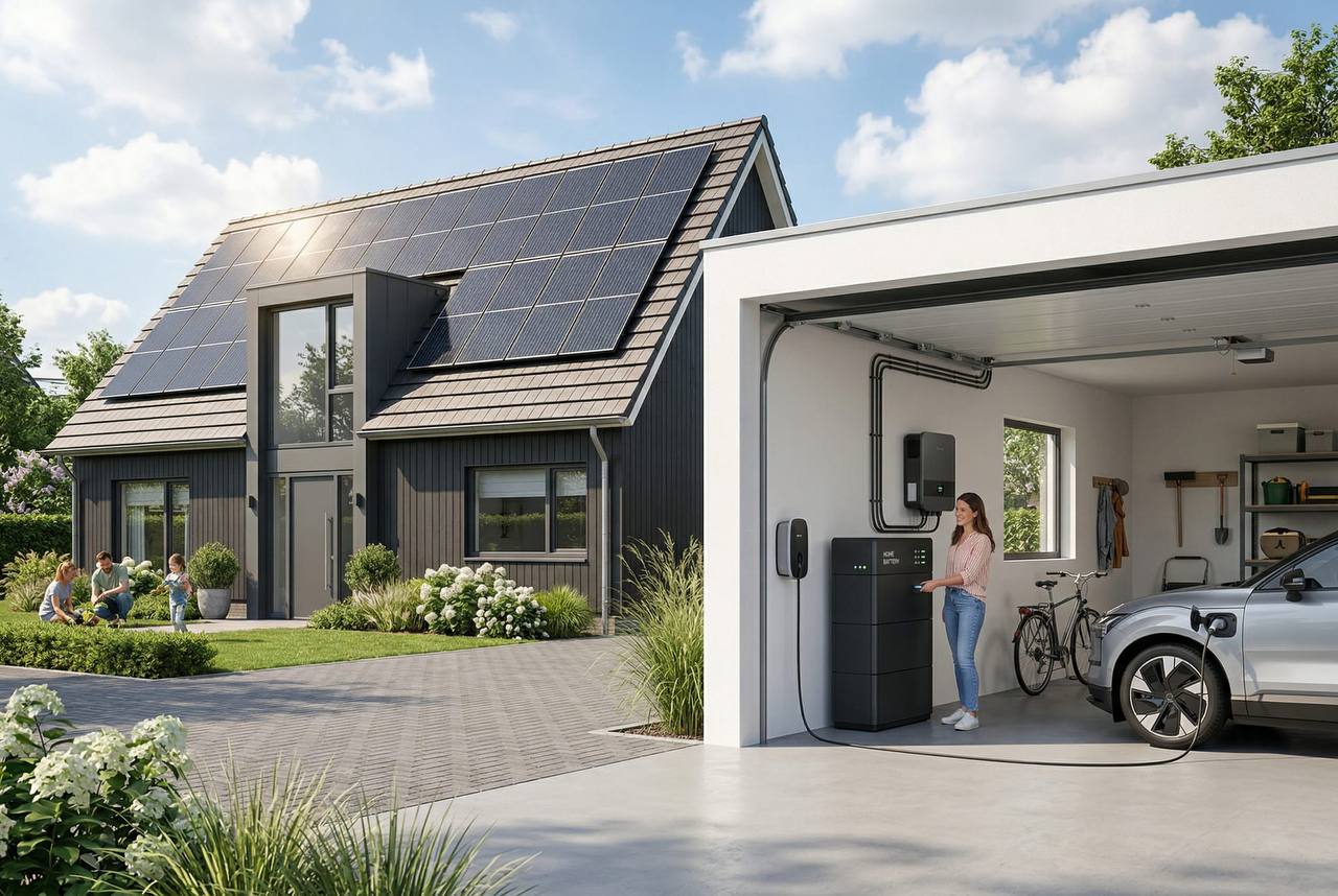 Zonnepanelen, thuisbatterij en EV-laden bij moderne woning (EcoHandel)