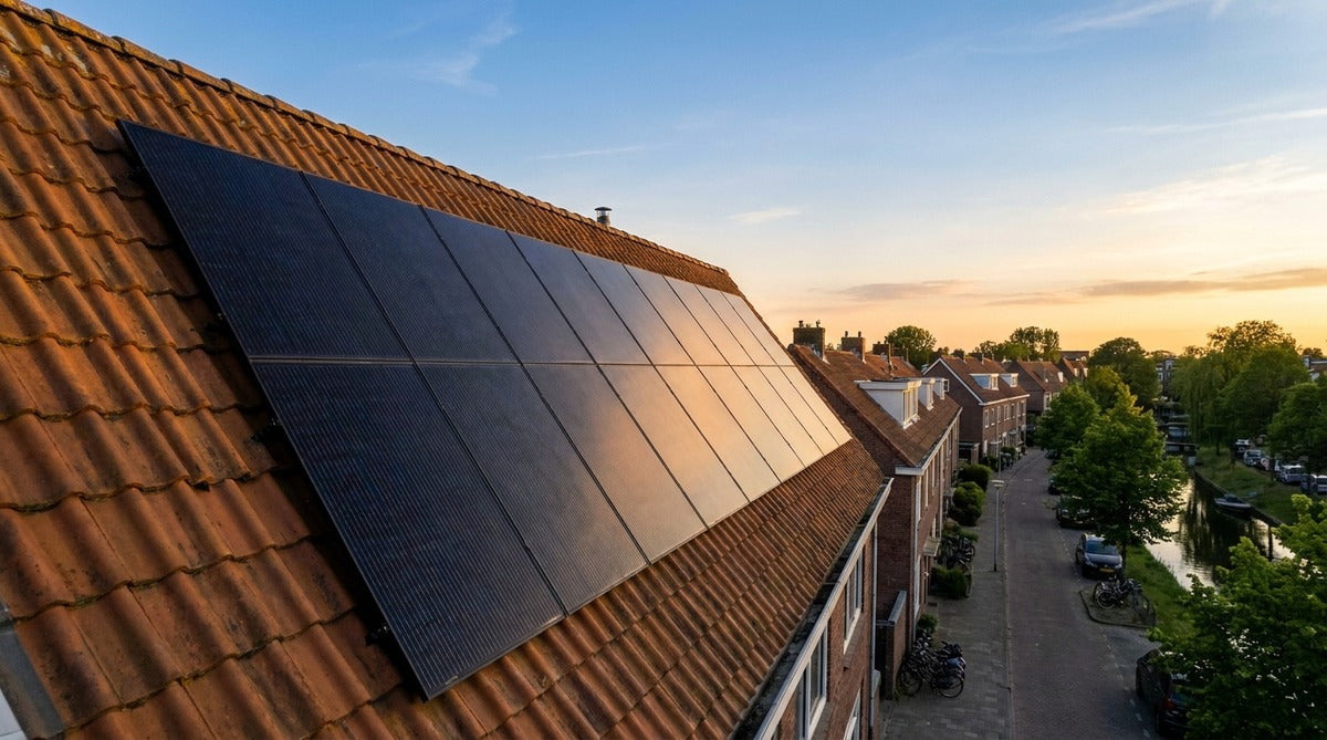 Netjes uitgelijnde all-black zonnepanelen op een pannendak van een Nederlandse rijtjeswoning