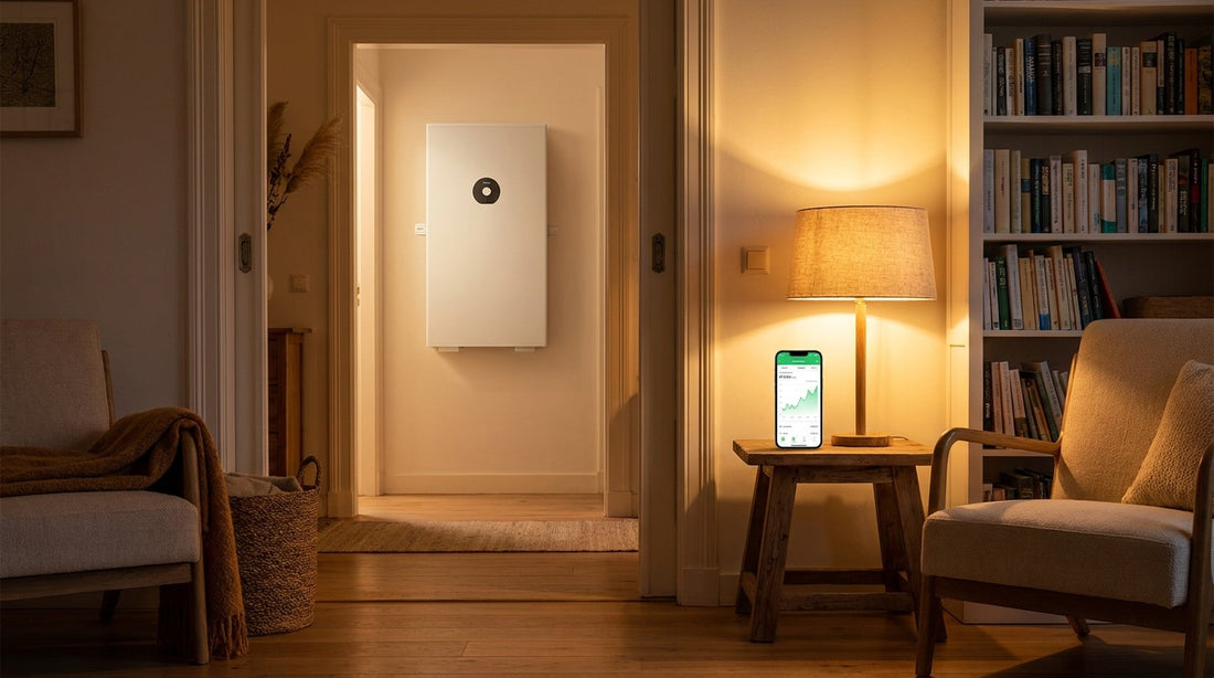 Woonkamer in de avond met thuisbatterij in de gang en een smartphone met dynamische stroomprijzen