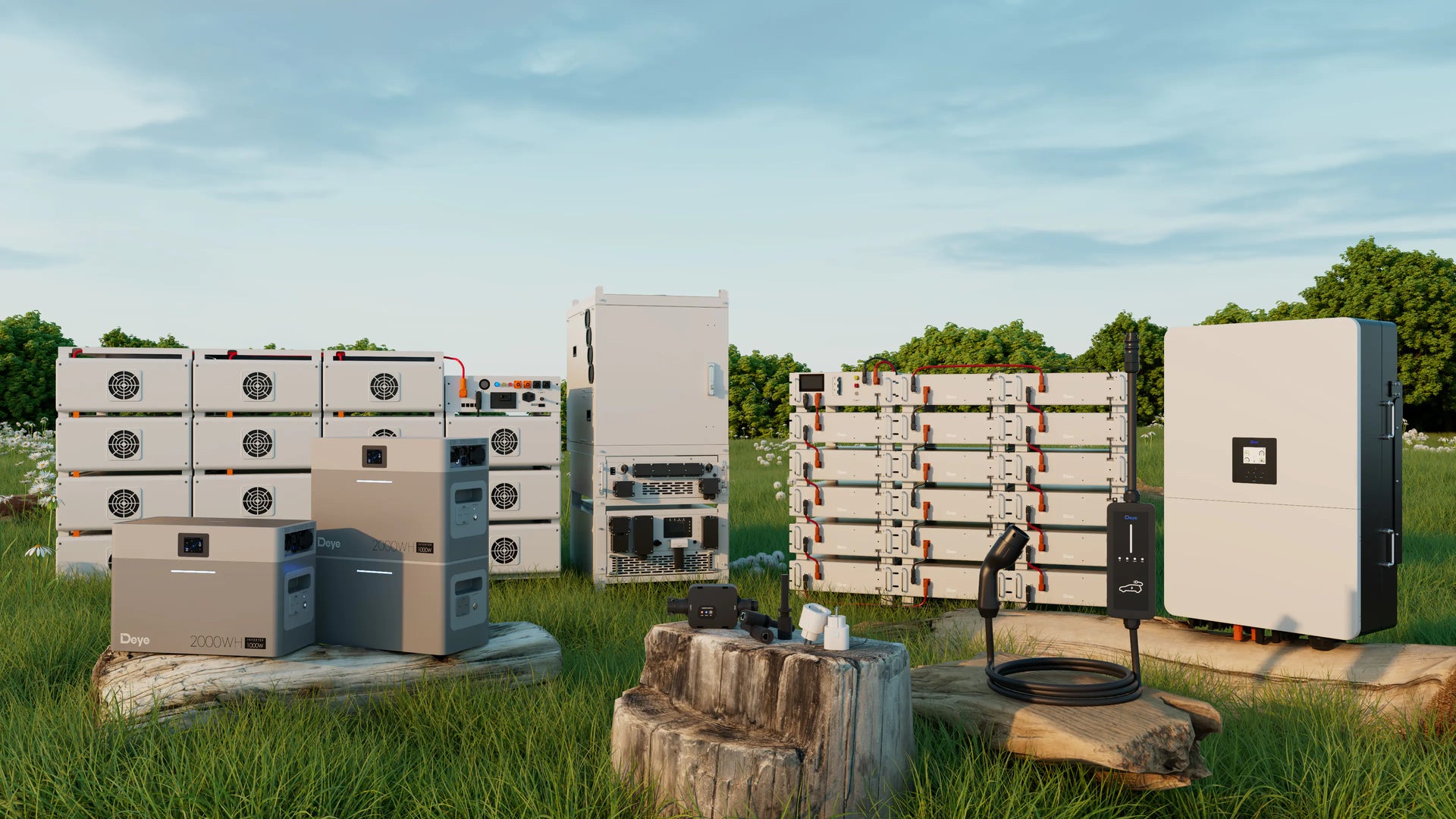 Deye product-ecosysteem met commerciële GE-F batterijopslag, hybride omvormer, laadpaal en portable power stations in een natuurlijke scene