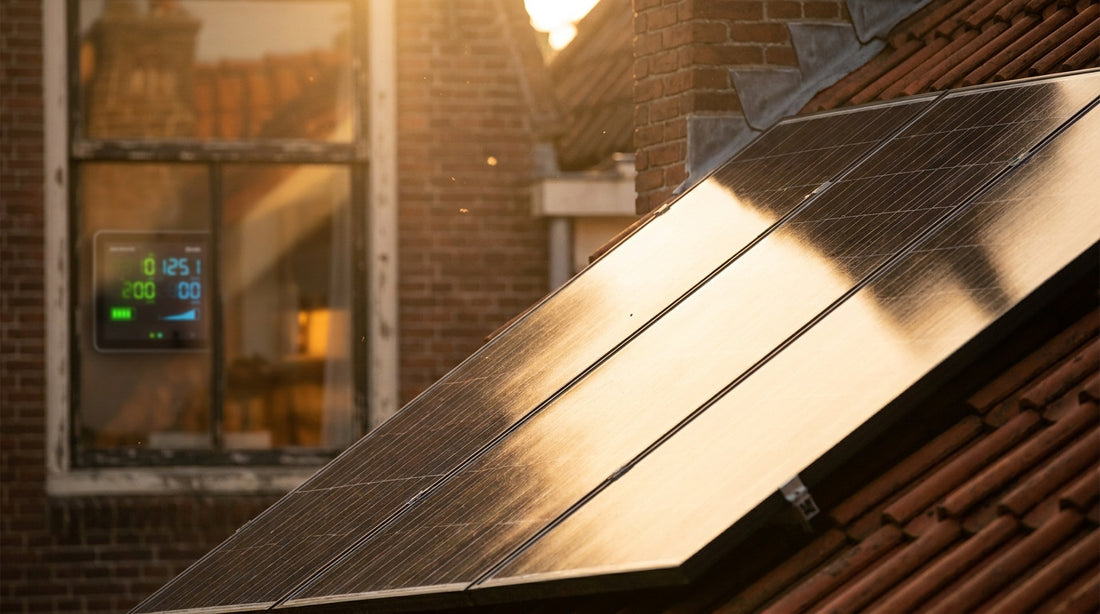 Zonnepanelen op een Nederlands dak bij zonsondergang met een slimme energiemeter in het raam