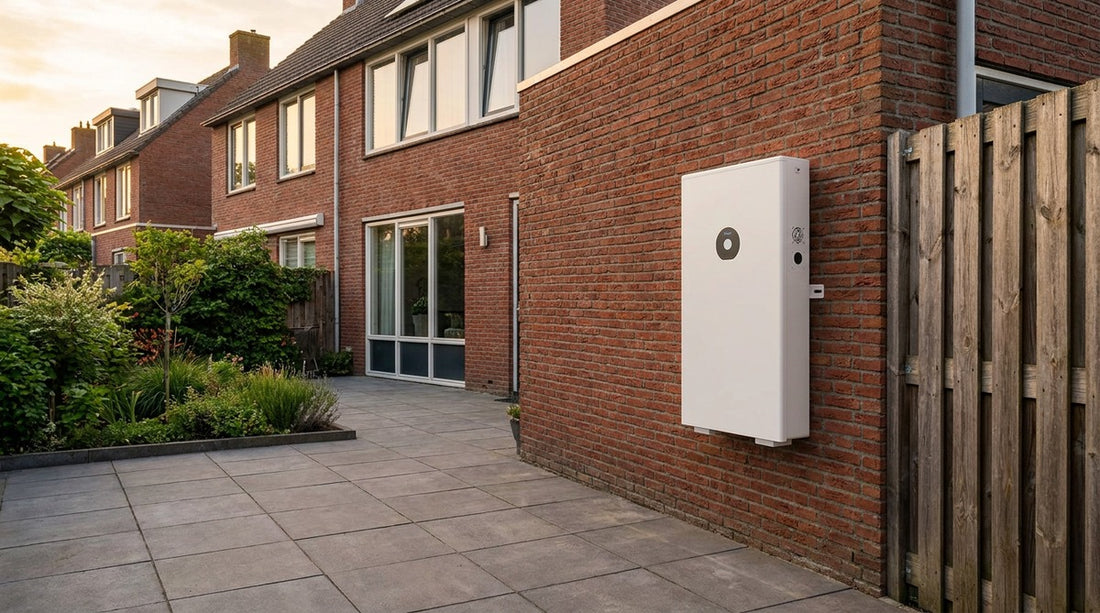 Witte Deye thuisbatterij op realistische grootte aan de gemetselde zijmuur van een Nederlandse woning in de avondzon