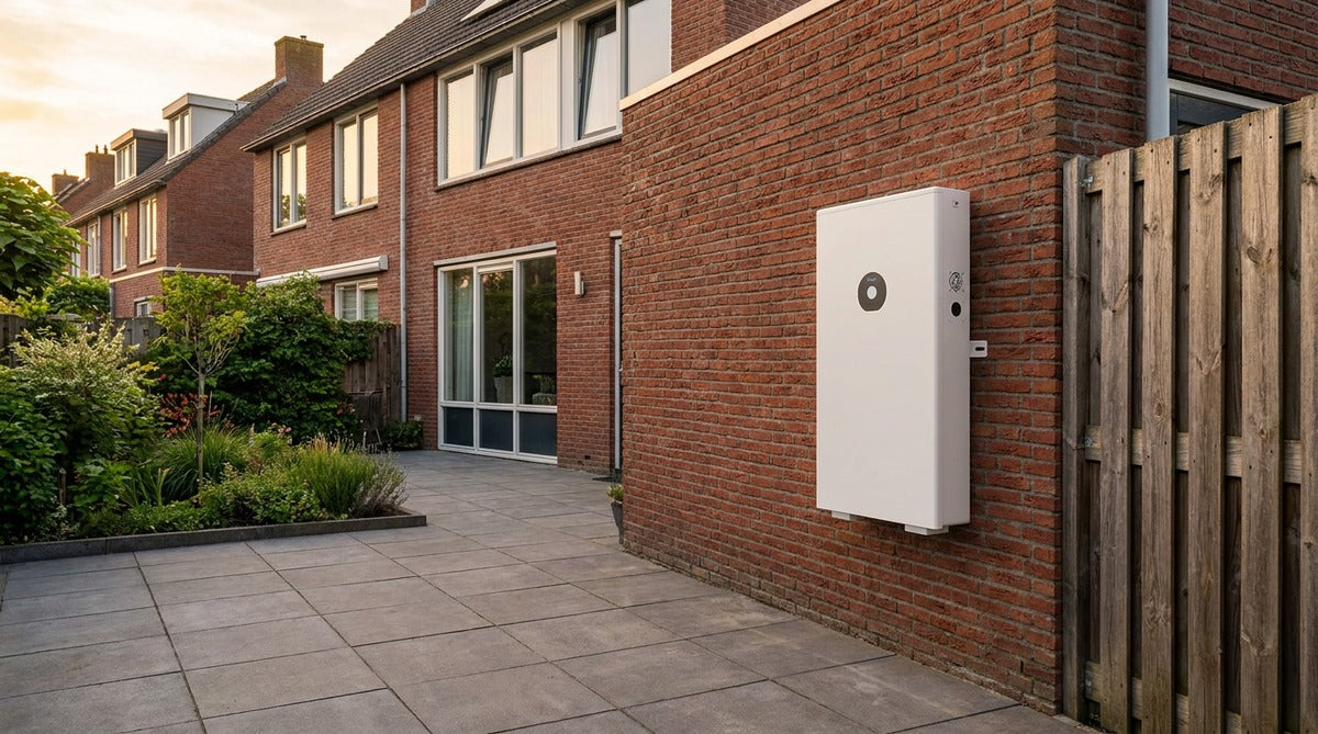 Witte Deye thuisbatterij op realistische grootte aan de gemetselde zijmuur van een Nederlandse woning in de avondzon
