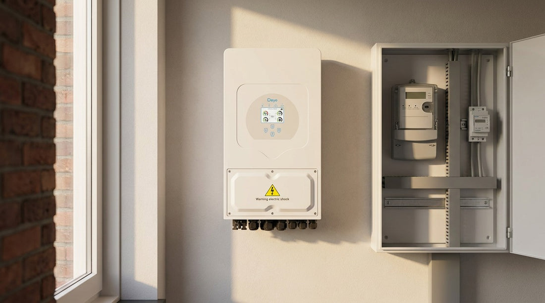 Deye hybride omvormer naast een meterkast met slimme meter en aparte kWh-meter in een Nederlandse woning