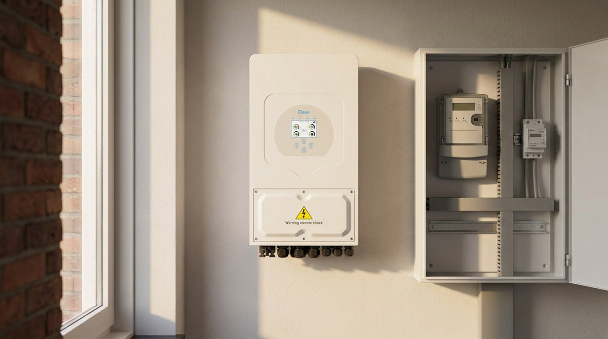 Deye hybride omvormer naast een meterkast met slimme meter en aparte kWh-meter in een Nederlandse woning