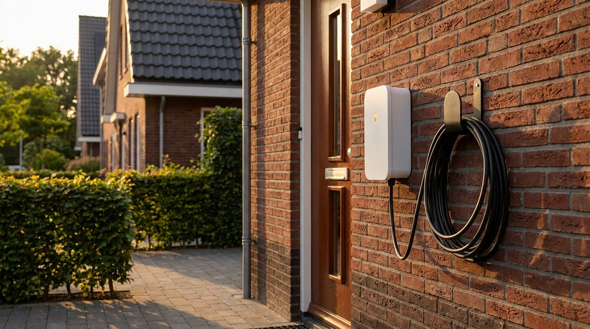 Compacte witte laadpaal aan de bakstenen gevel van een Nederlandse rijtjeswoning met opgerolde laadkabel in het avondlicht