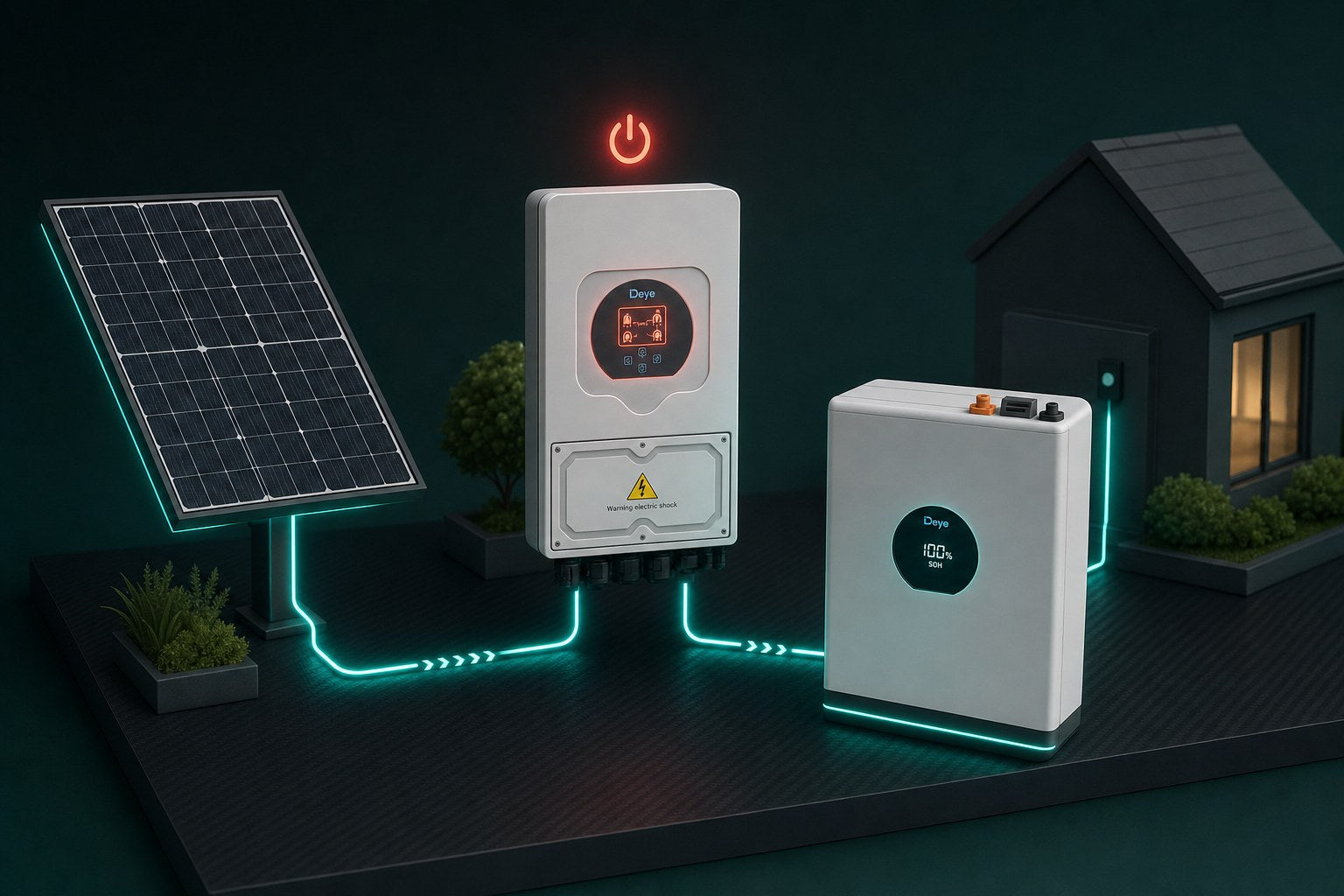 Geillustreerde Deye hybride omvormer die afslaat door overspanning, met een Deye thuisbatterij die de opgewekte zonnestroom opslaat