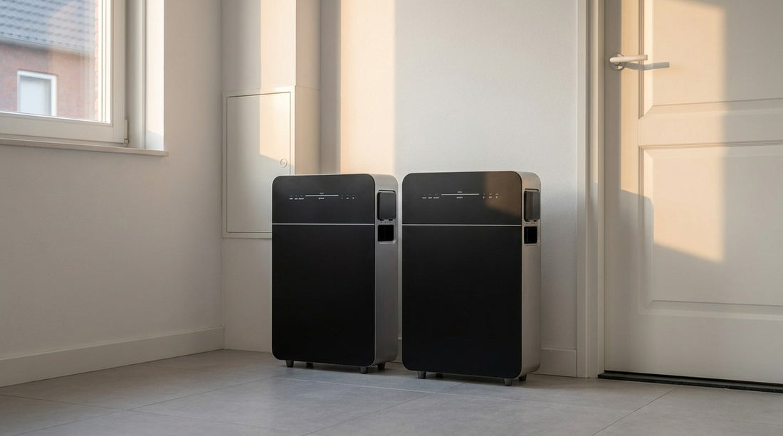Twee compacte plug-in thuisbatterijen van 5,12 kWh naast elkaar in een Nederlandse bijkeuken, samen 10,24 kWh