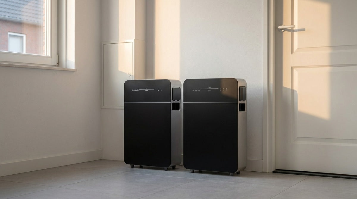 Twee compacte plug-in thuisbatterijen van 5,12 kWh naast elkaar in een Nederlandse bijkeuken, samen 10,24 kWh