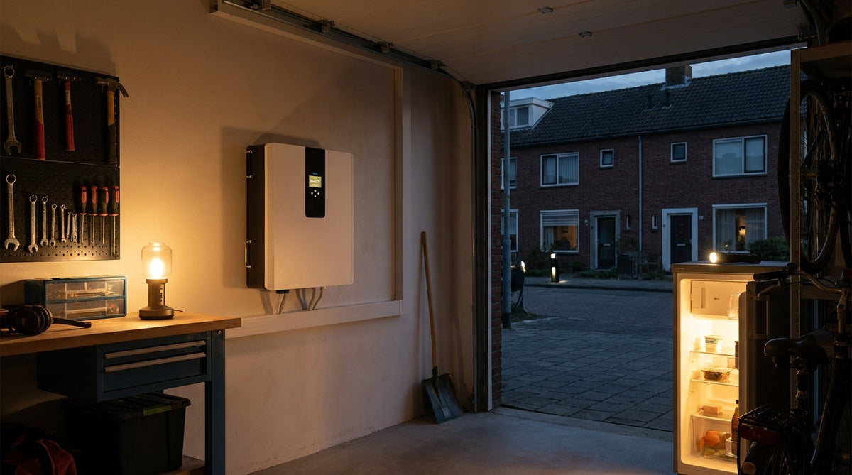 Deye all-in-one thuisbatterij aan de garagewand houdt licht en koelkast aan tijdens een stroomuitval in de straat