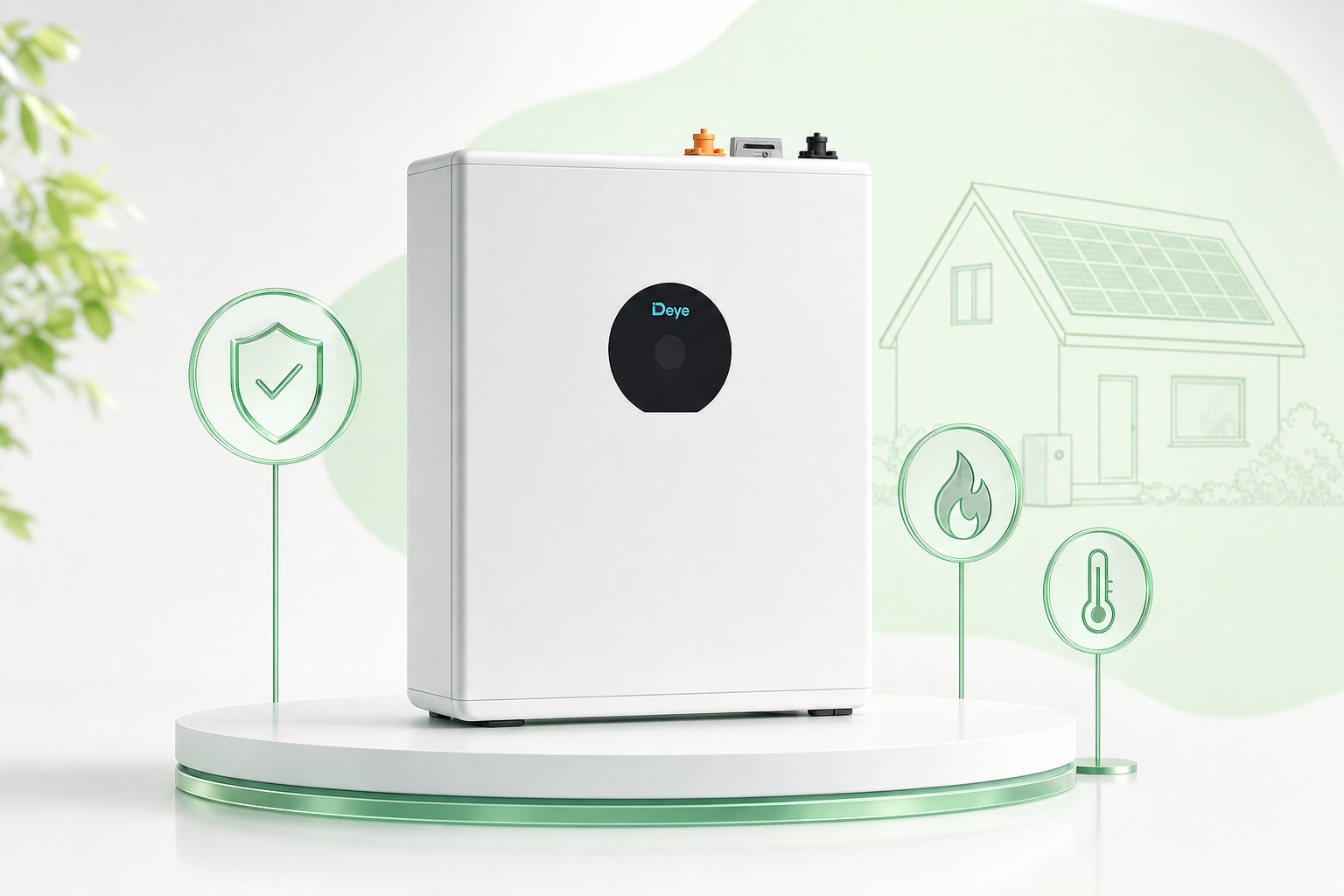 Deye thuisbatterij op een podium met symbolen voor brandveiligheid, temperatuur en keuring